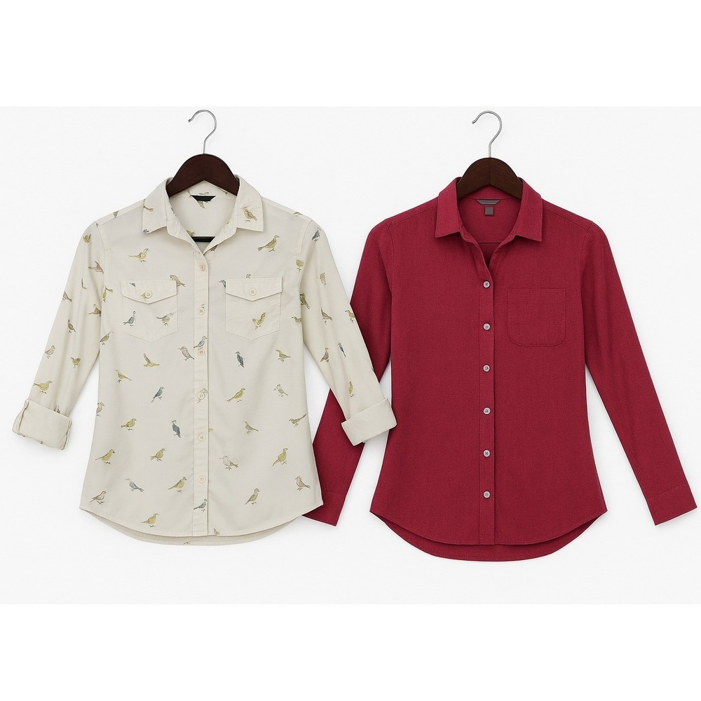 Eddie Bauer XS Shirt Set 2 Button Up Cotton Bird Print Coastal Grandma Cottage
